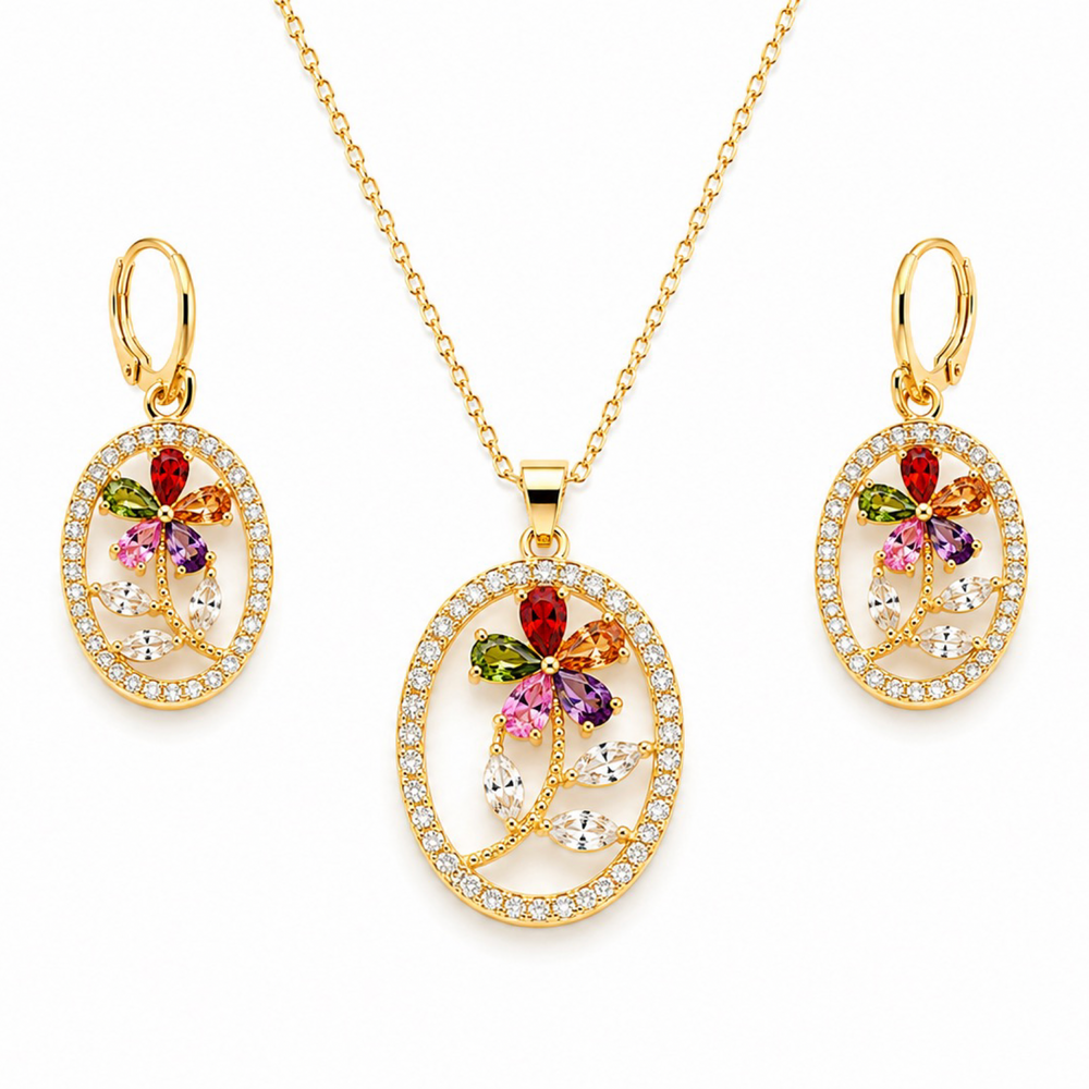 Set de Collar y Aretes Flor Multicolor – Oro Laminado 18K
