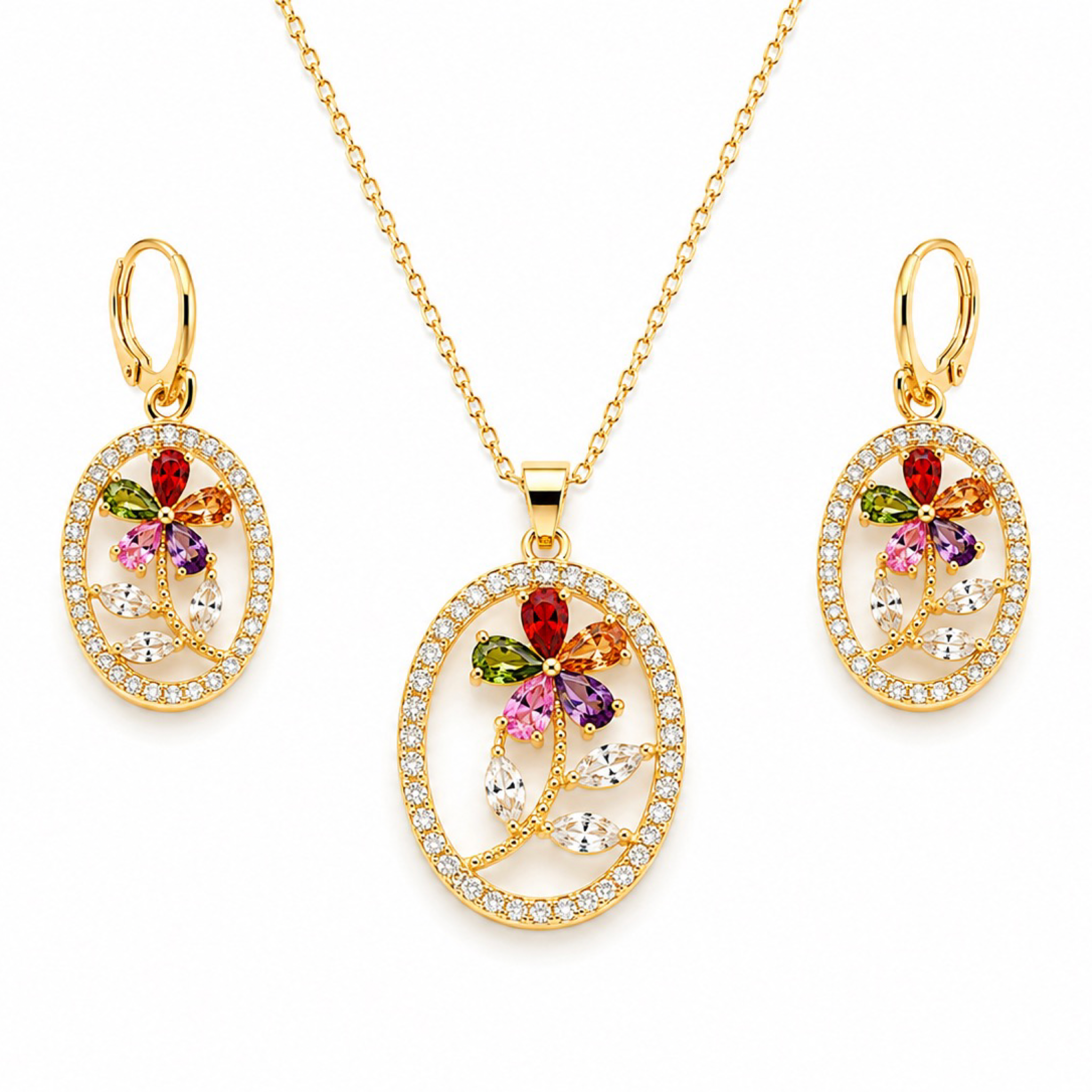 Set de Collar y Aretes Flor Multicolor – Oro Laminado 18K