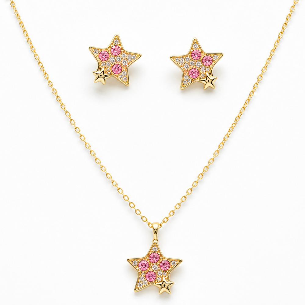 Set de Collar y Aretes Estrella Rosa | Oro Laminado 18K