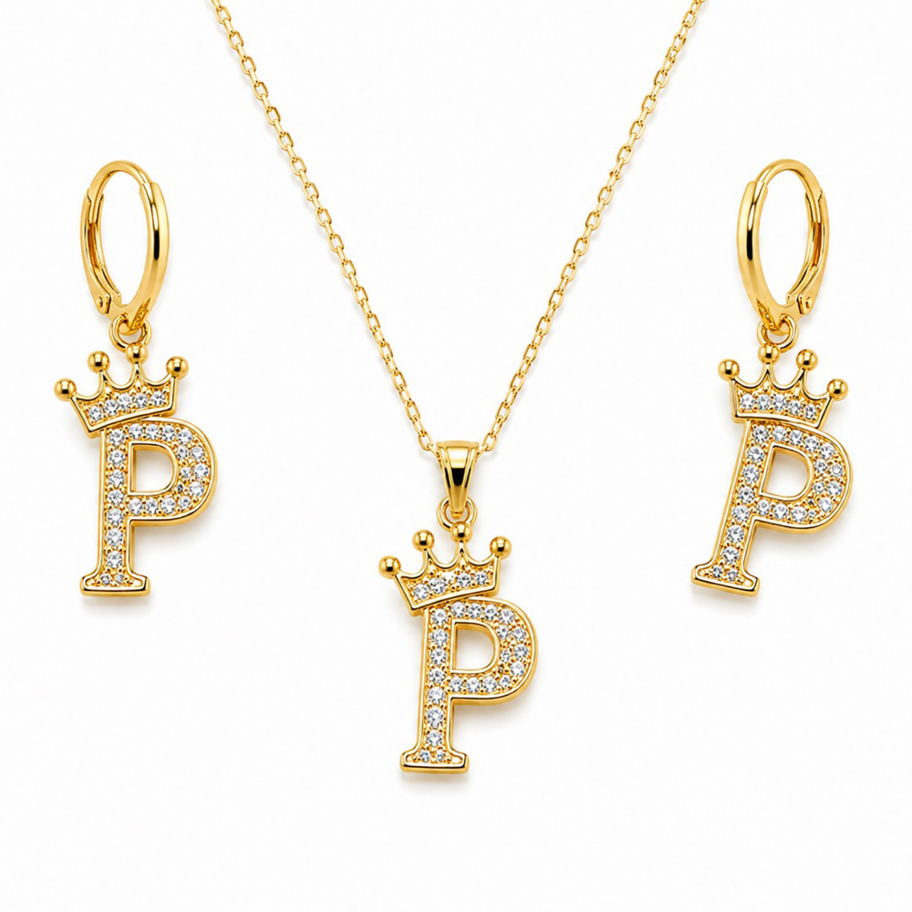 Set Letra “P” con Corona – Collar y Aretes | Oro Laminado 18K