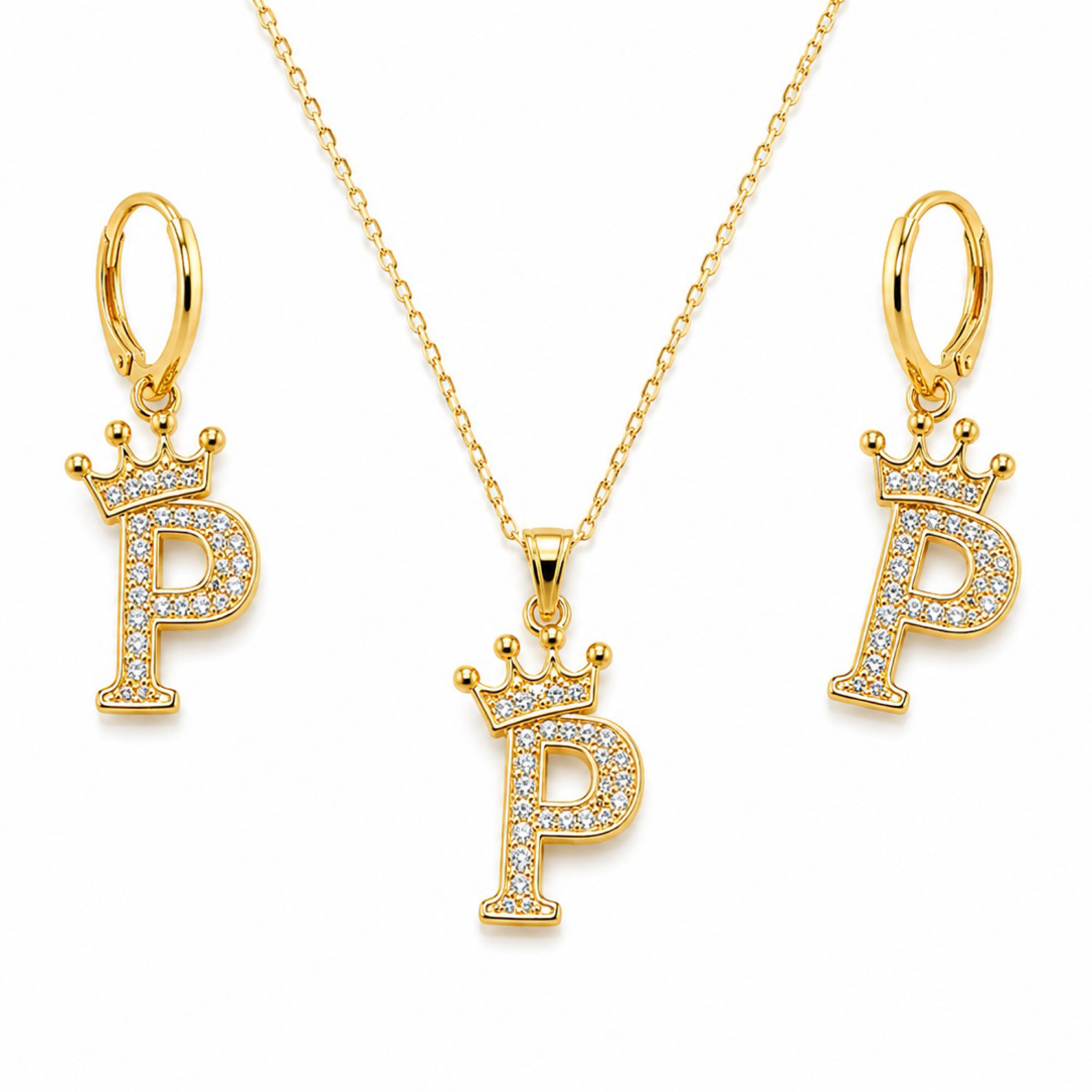 Set Letra “P” con Corona – Collar y Aretes | Oro Laminado 18K