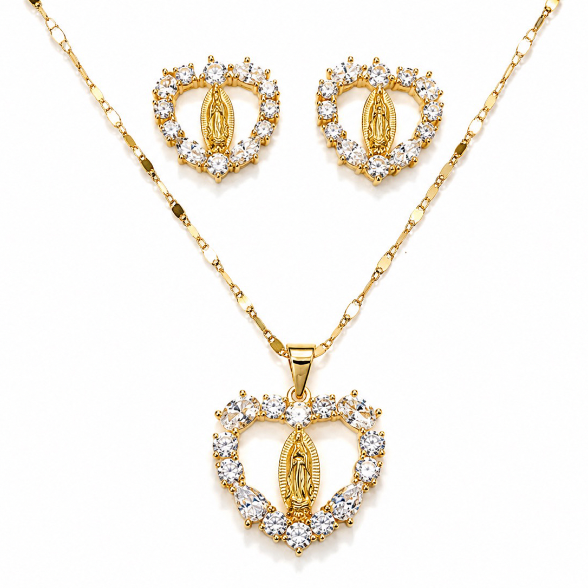 Set de Collar y Pantallas Corazón con Virgen – Oro Laminado 18K
