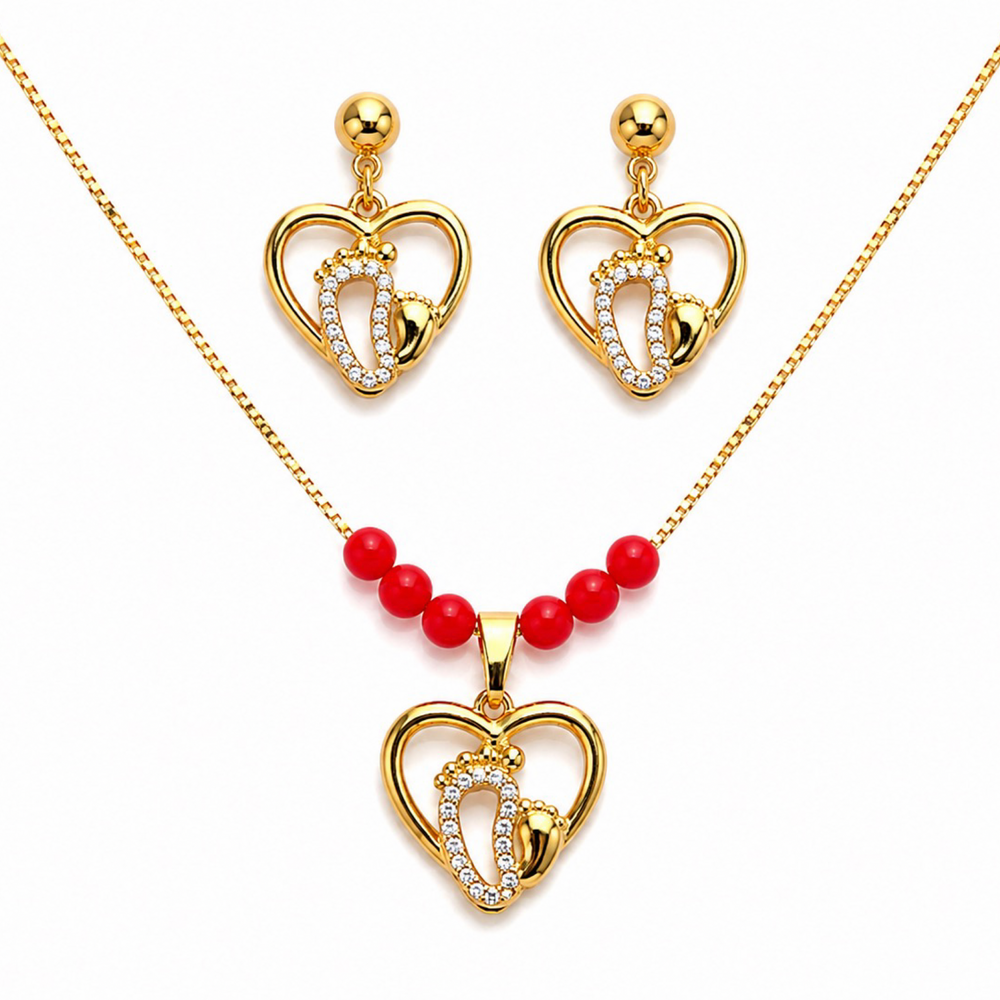 Set de Collar y Pantallas Corazón con Huellita de Bebé – Oro Laminado 18K