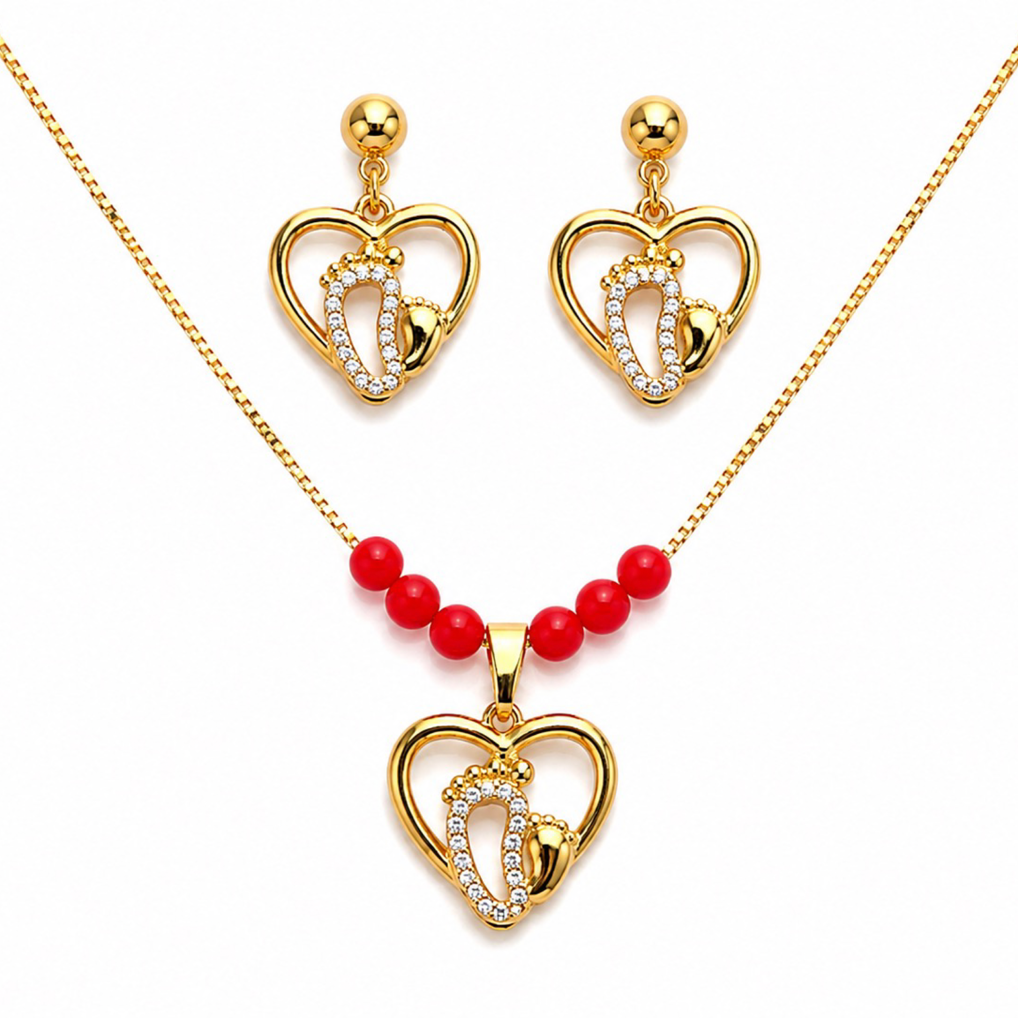 Set de Collar y Pantallas Corazón con Huellita de Bebé – Oro Laminado 18K