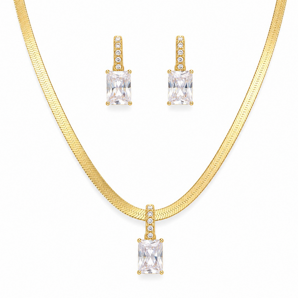 Set de Collar y Aretes con Circonia Rectangular | Oro Laminado 18K