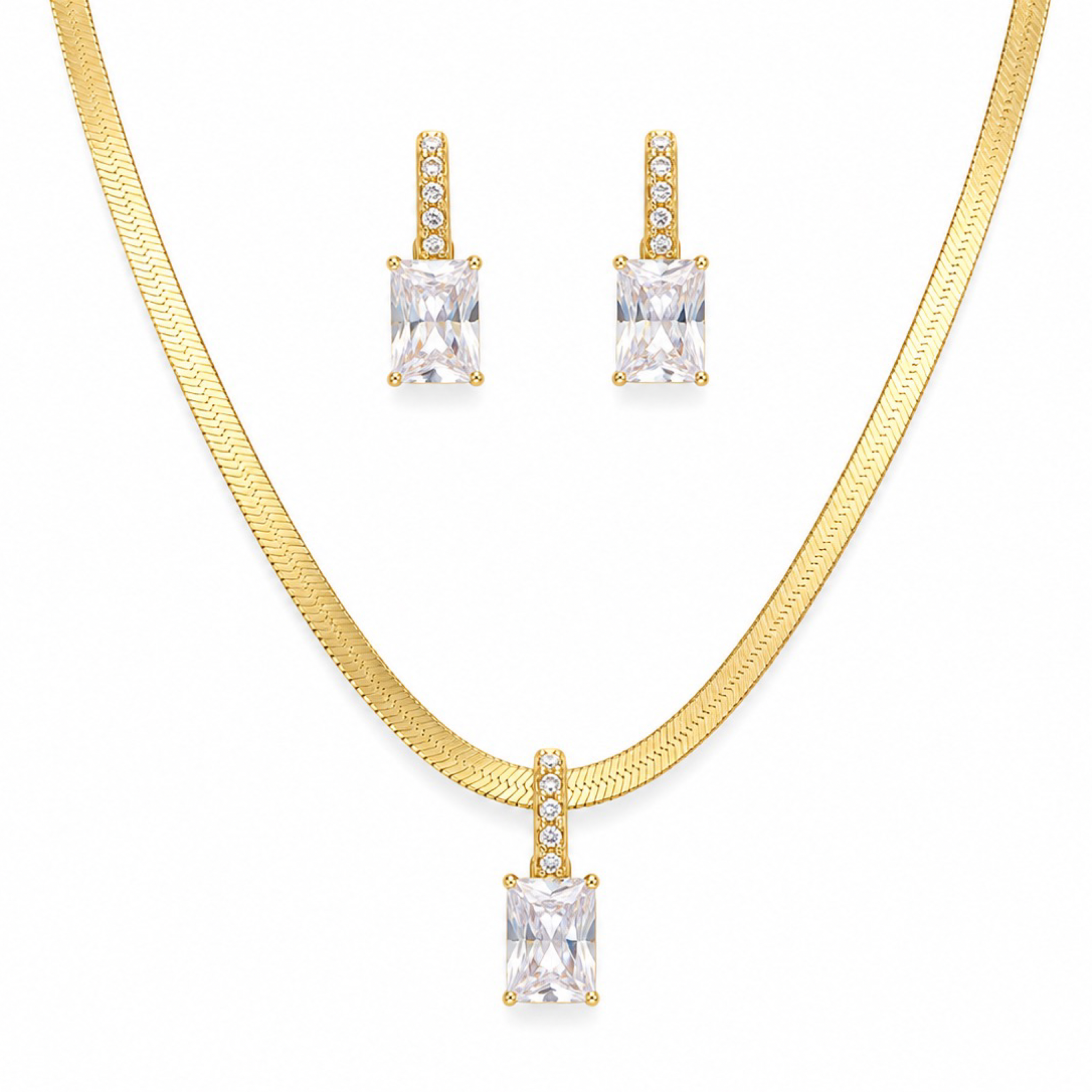 Set de Collar y Aretes con Circonia Rectangular | Oro Laminado 18K