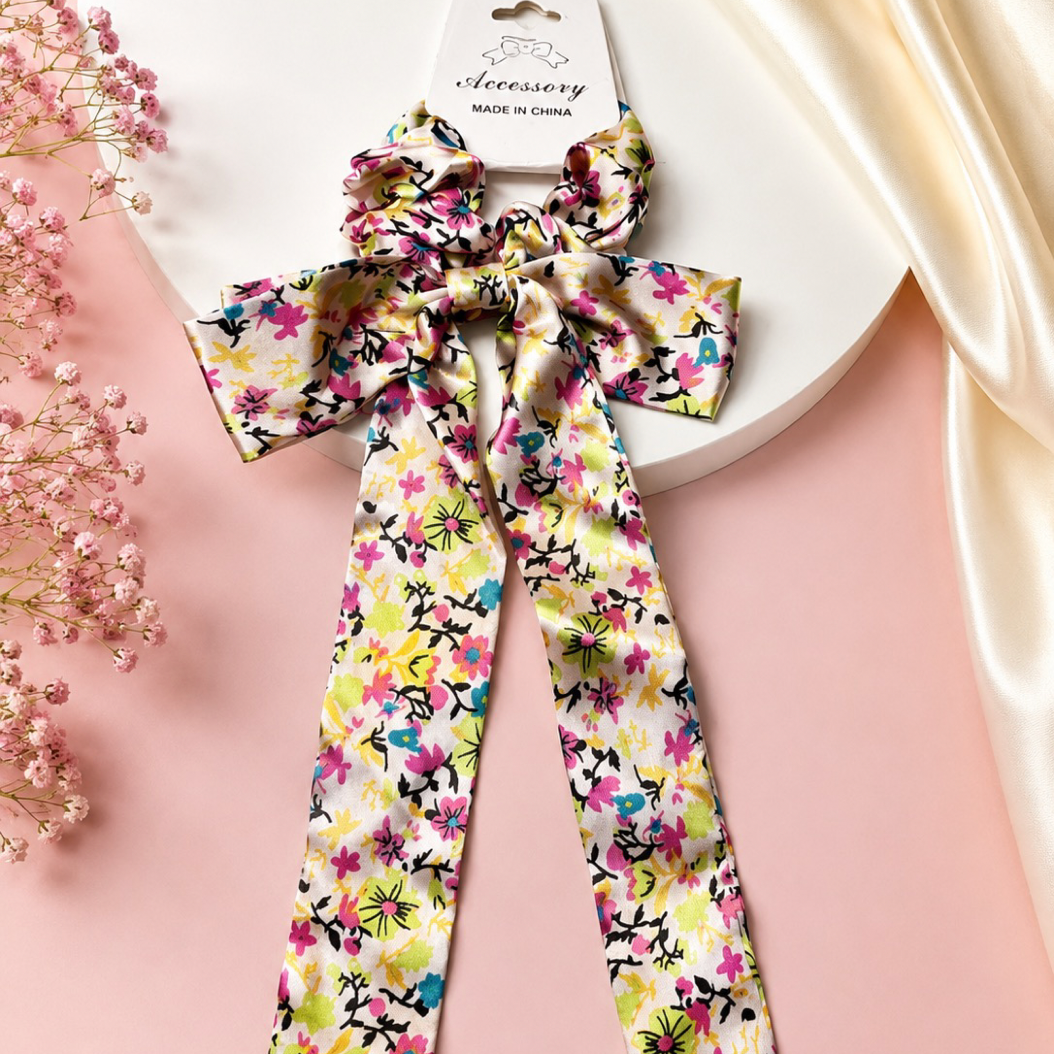 Scrunchie Satinado con Lazo Largo – Estampado Floral Multicolor