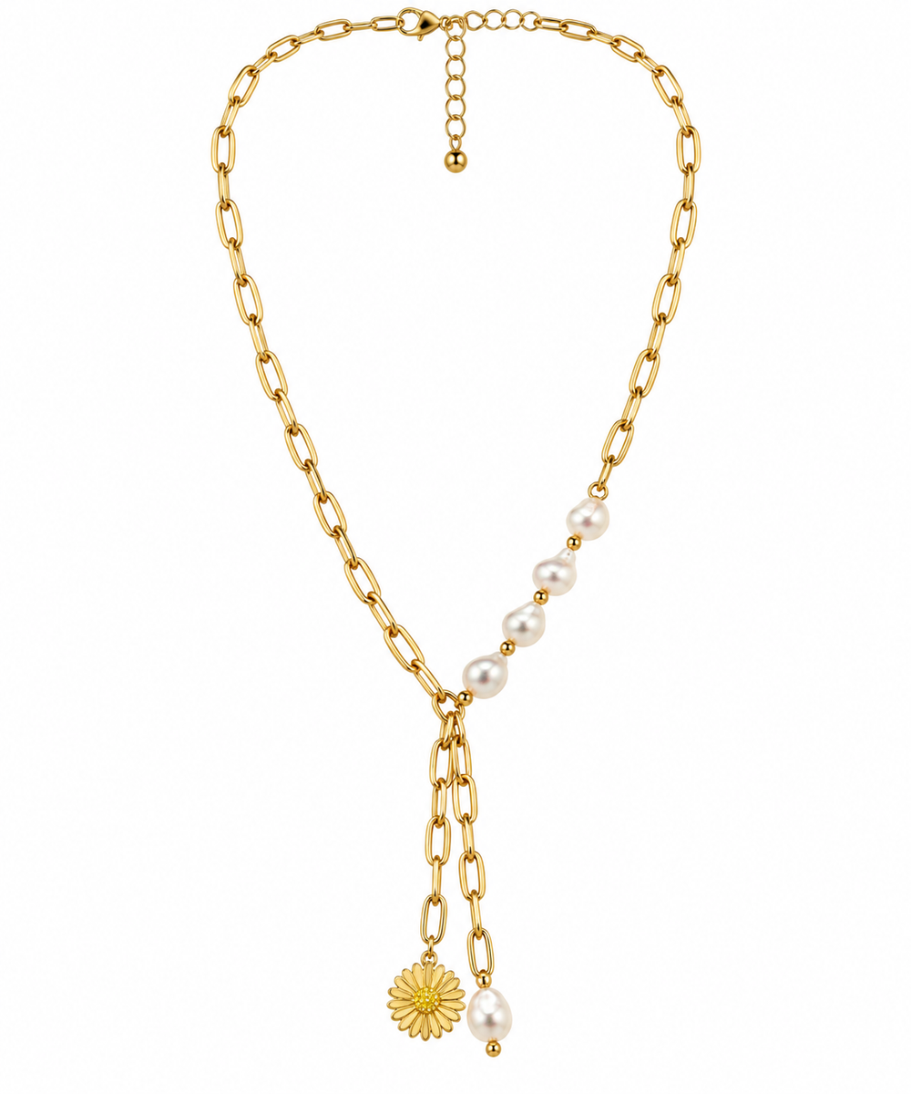 Collar Dorado con Perlas y Flor