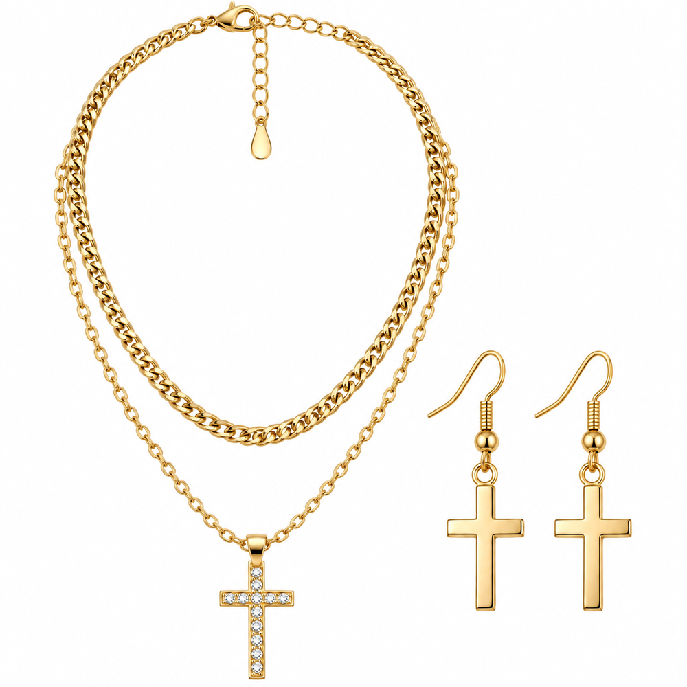 Collar con Aretes de Cruz – Dorado