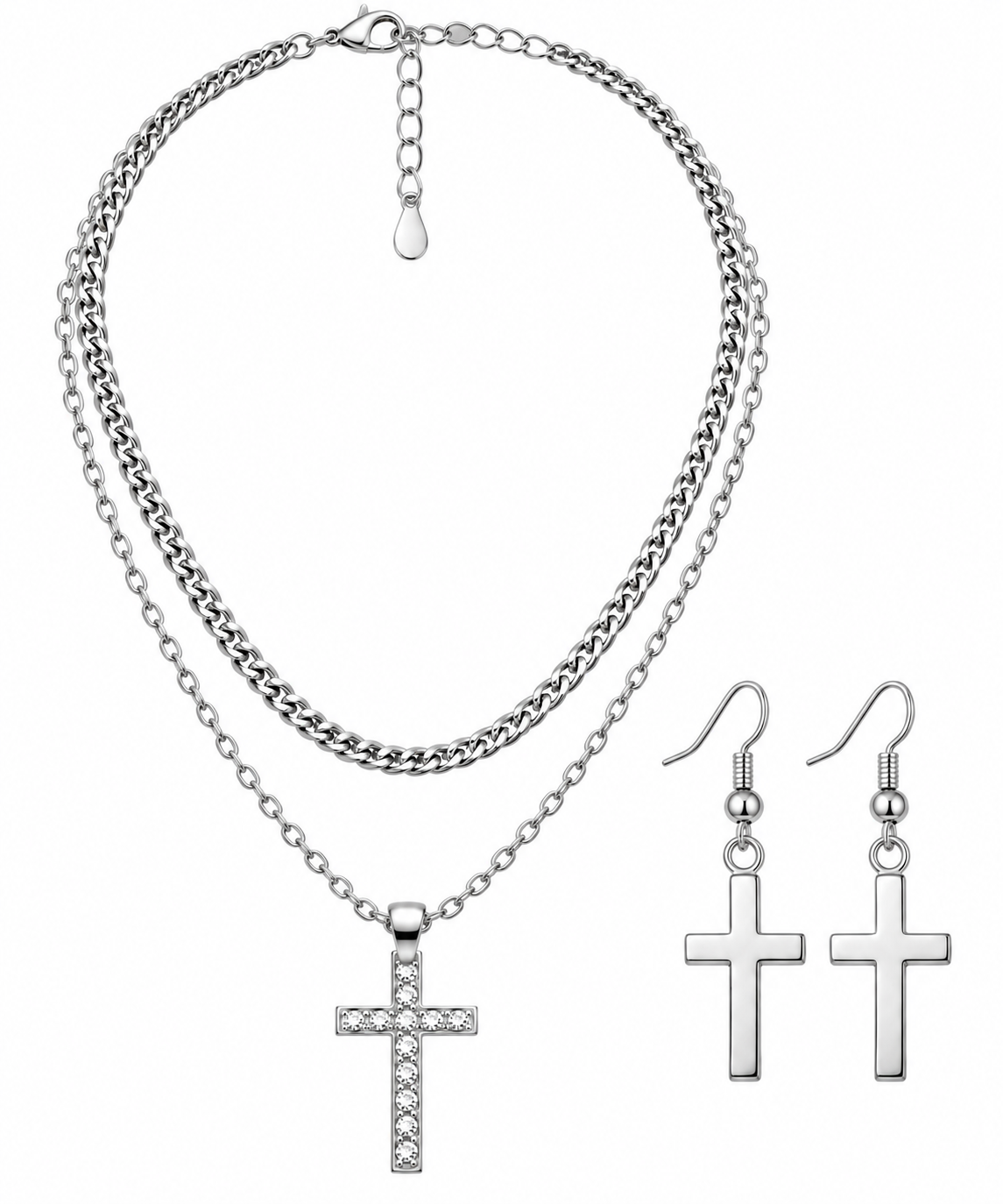 Set de Collar y Aretes de Cruz – Plateado