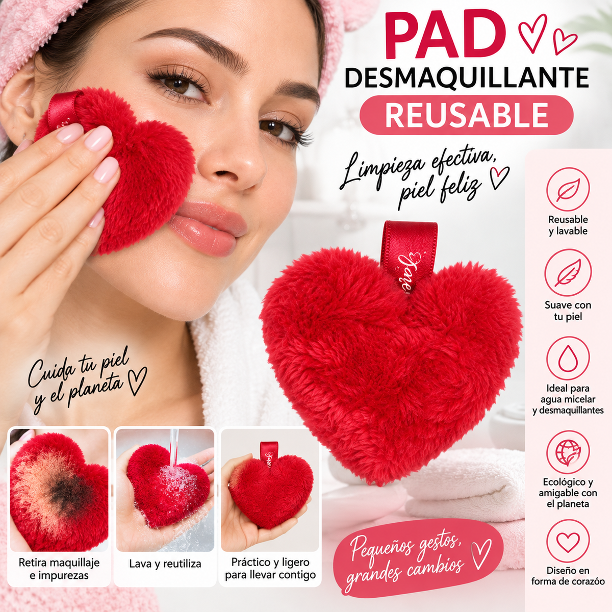 Pad Desmaquillante Reusable en Forma de Corazón