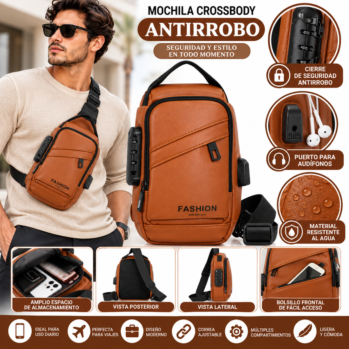 Mochila Crossbody Antirrobo – Marrón
