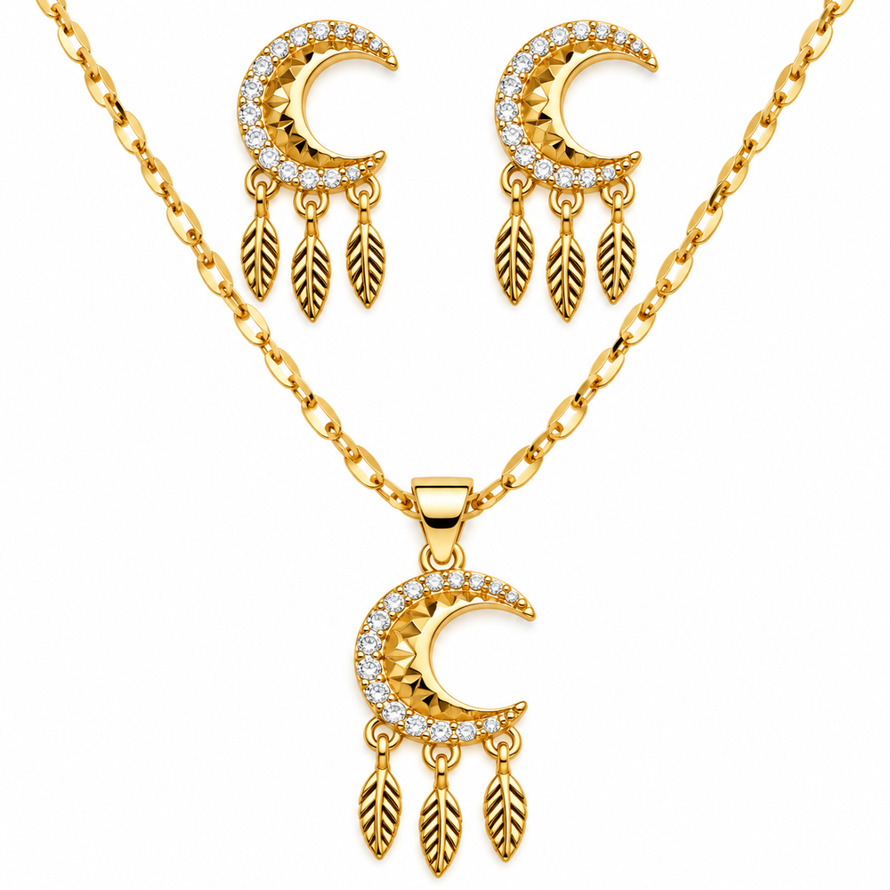 Set de Collar y Aretes Luna con Plumas