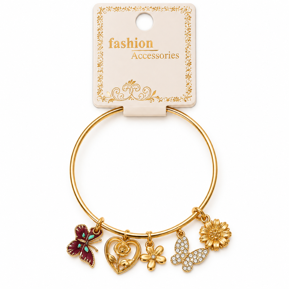 Pulsera Dorada con Dijes de Mariposas y Flores