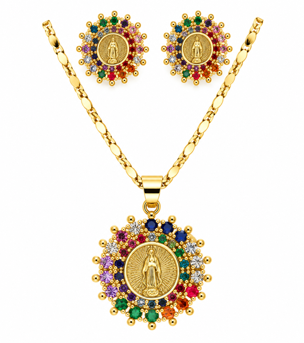 Set de Collar y Aretes Virgen María Multicolor