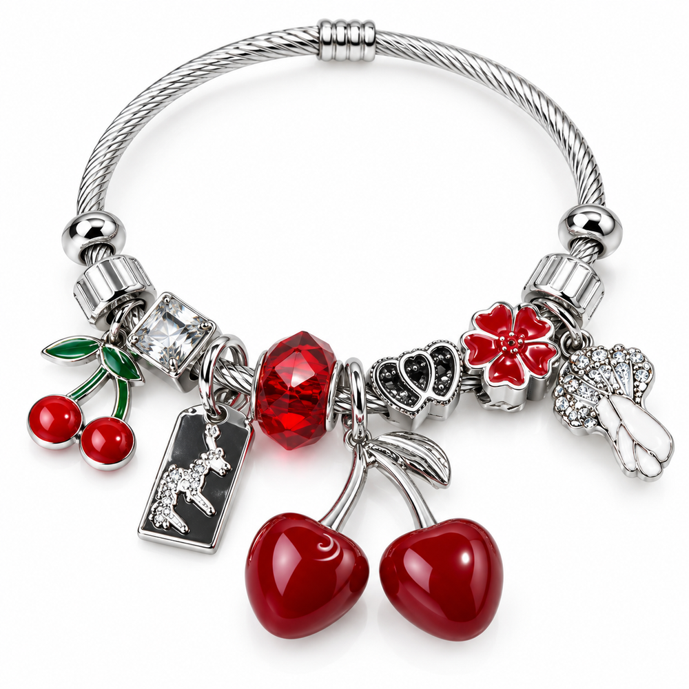 Pulsera de Stainless Steel con Charms y Cerezas