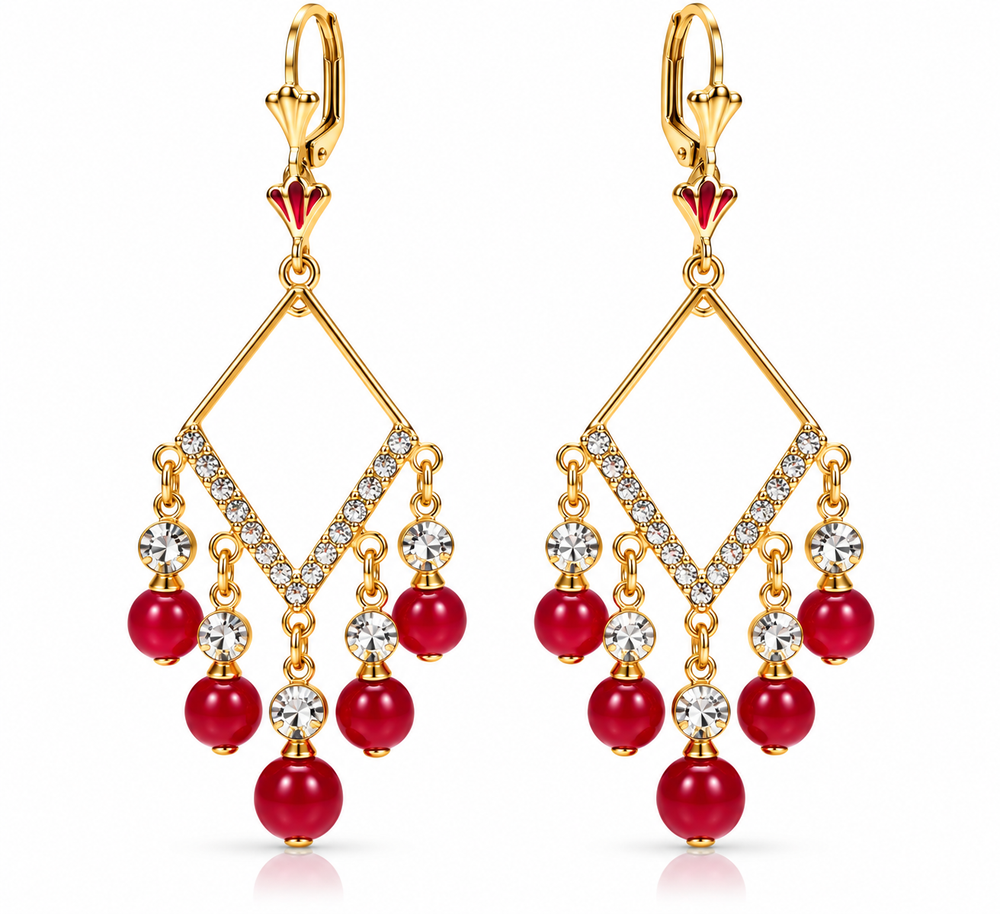 Aretes Colgantes Elegantes en Rojo y Dorado