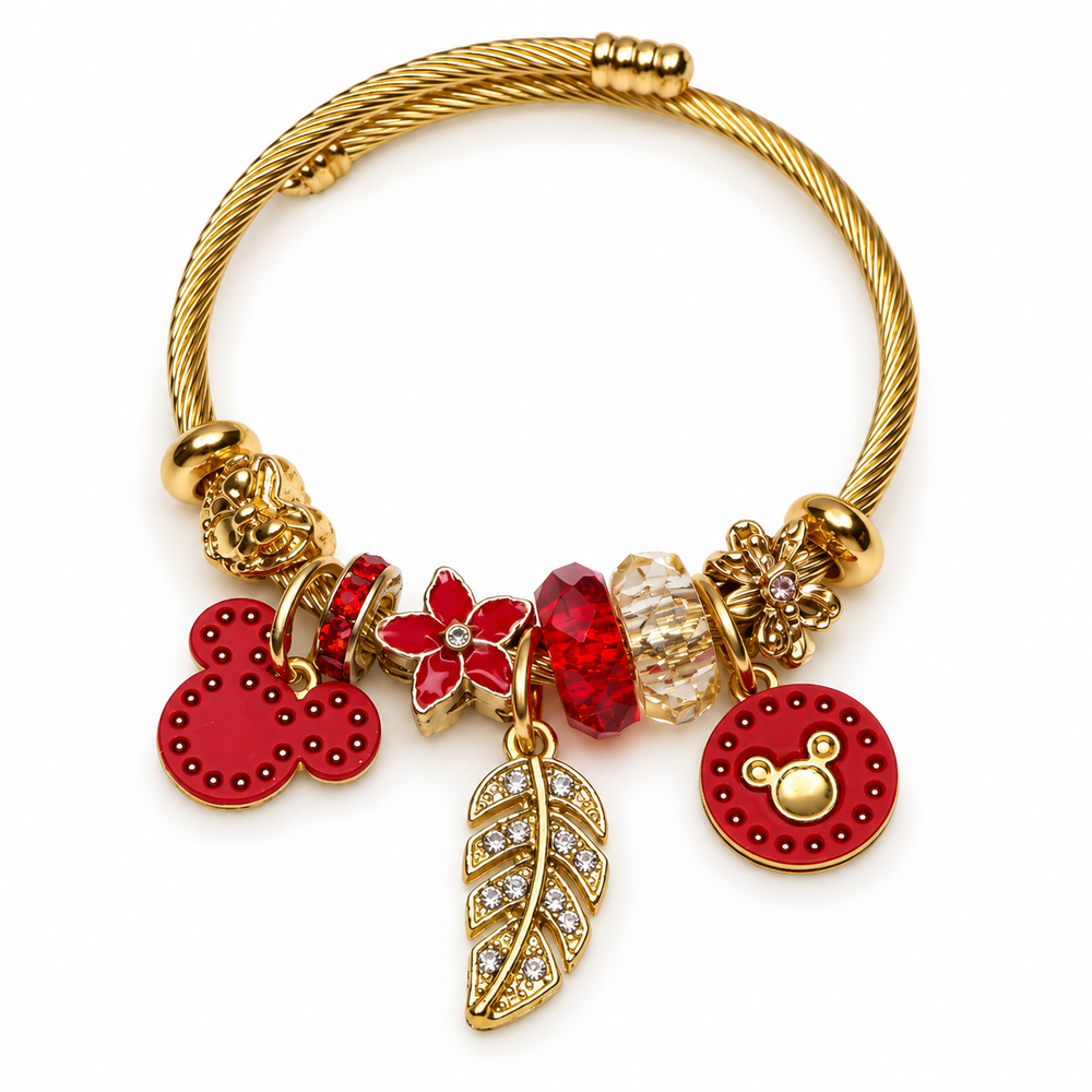 Pulsera Dorada con Charms Rojos y Hoja Brillante