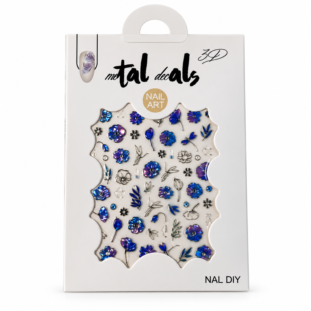 Stickers Metálicos 3D para Uñas – Flores Azul Iridiscente