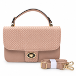 Cartera Elegante Nude con Diseño Tejido y Detalles Dorados