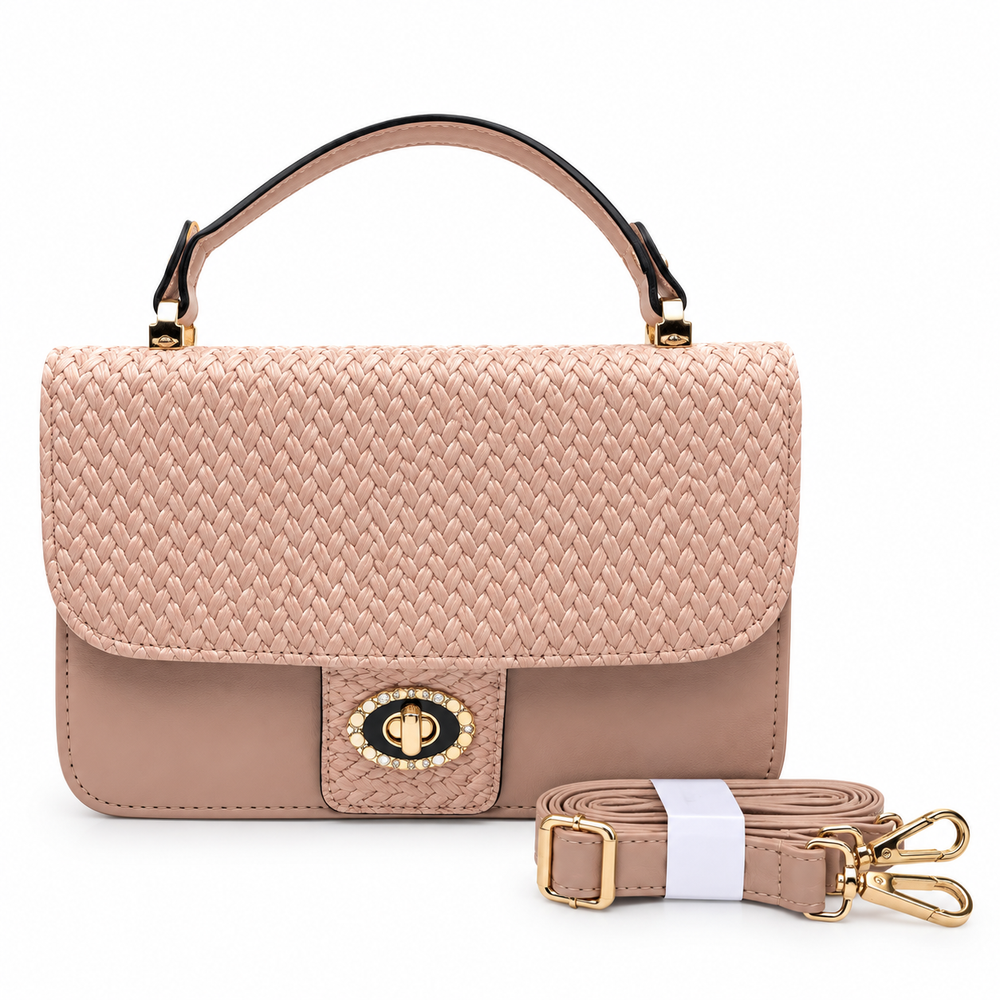 Cartera Elegante Nude con Diseño Tejido y Detalles Dorados